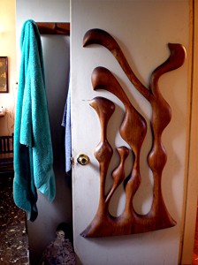 Finn sculpted wood to adorn the bathroom door, expanded the bathroom and lined the shower with salvaged teak wood he got from Bob Sirott.